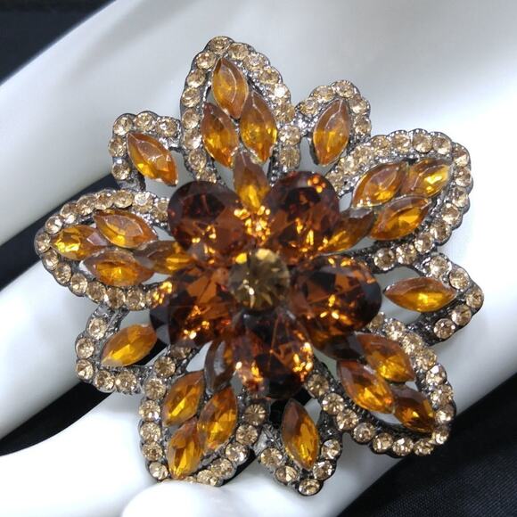 Vintage Floral Light Dark Topaz Rhinestones Brooch Pendant Combo, 1990s, 2 Inch - Picture 2 of 7